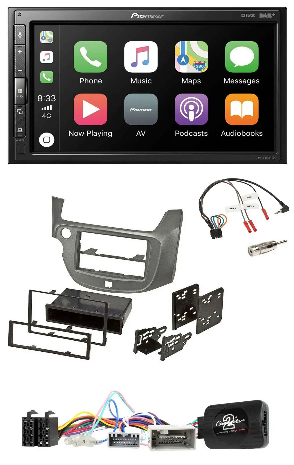 Автомагнитола Pioneer 2DIN, DAB, Bluetooth, USB, для Honda Jazz (с 2014), серебристая