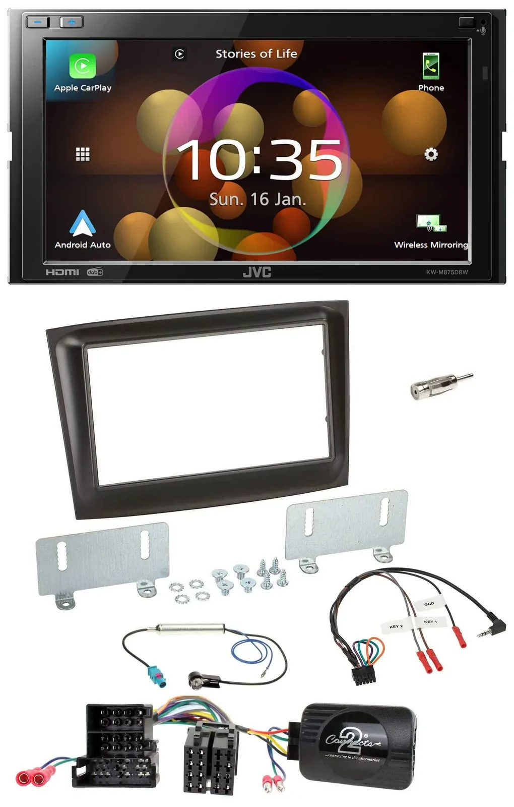 Автомагнитола JVC 2DIN DAB Bluetooth USB для Fiat Doblo (Mini-ISO, с 2015), чёрная