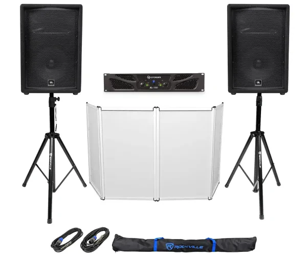 (2) JBL Pro JRX212 12" 2000w PA/DJ Speakers+Amplifier+Stands+Cables+Facade