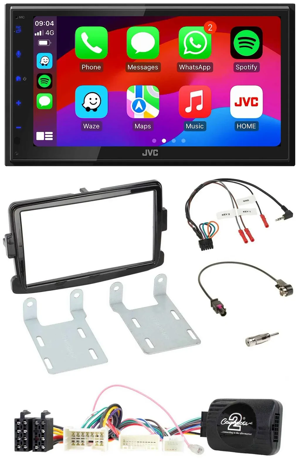 Автомагнитола JVC 2-DIN, Bluetooth, USB, DAB, для Dacia (с 2012), черный глянец