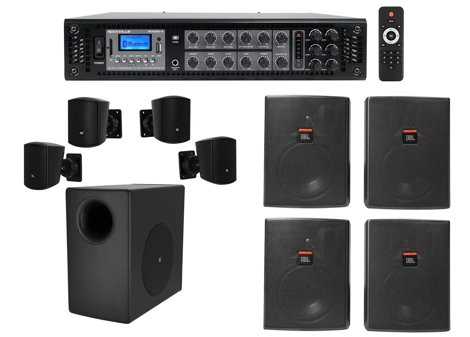 Пассивная акустическая система для офиса/магазина/спортзала Rockville RCS350-6+C50PACK+CONTROL 25AV OFFICE (набор), сабвуфер + 4 сателлита + 4 настенных громкоговорителя, усилитель 350W