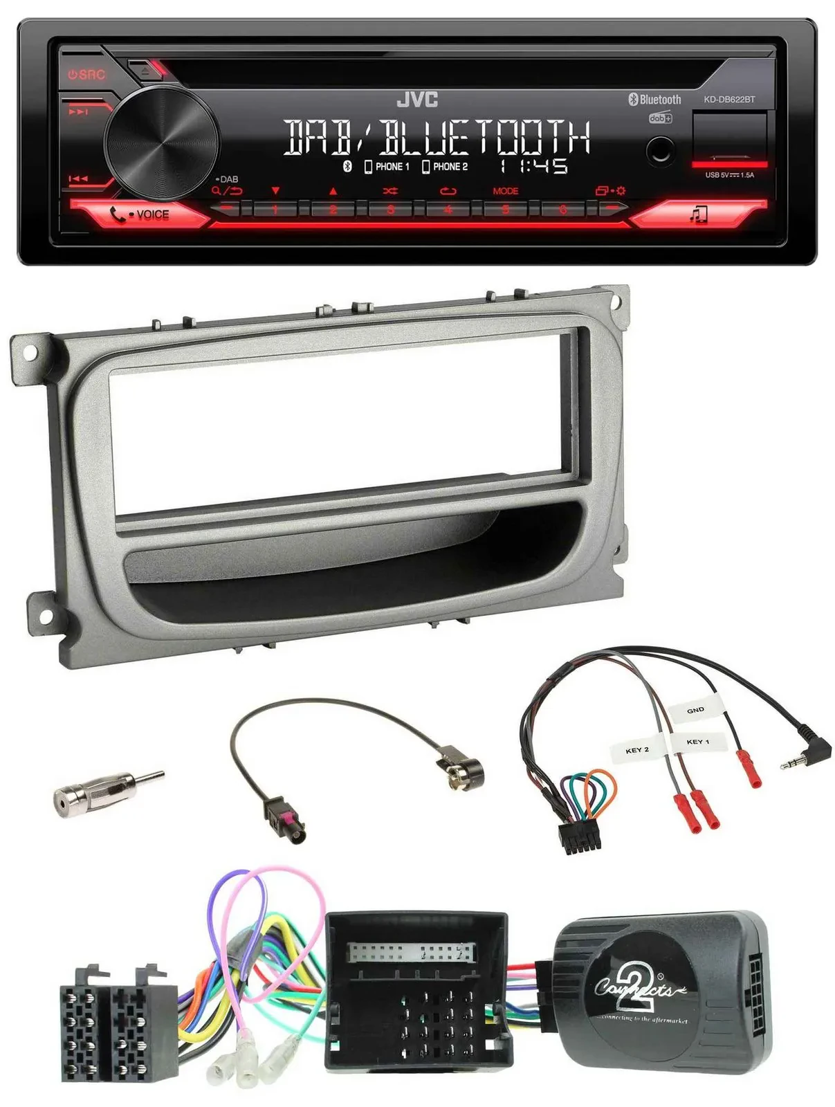 JVC CD DAB USB Bluetooth Lenkrad Autoradio für Ford S-Max Mondeo Can 07-14 Ablag