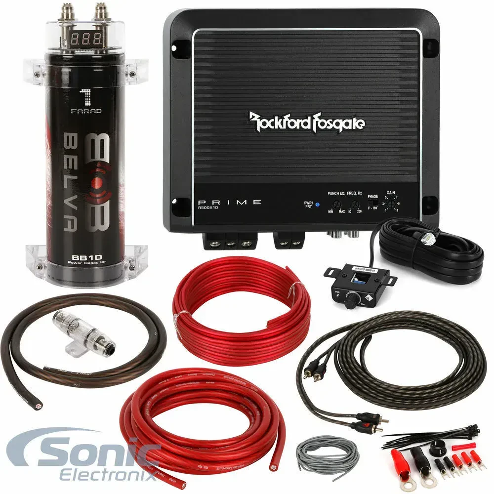 Усилитель мощности для автомобиля Rockford Fosgate R500X1D, 1‑канальный (набор) с комплектом проводки 4 AWG и конденсатором
