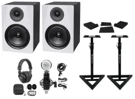 (2) Rockville DPM6W 6.5" 420w Dual Active Studio Monitors+Stands+Headphones+Mic