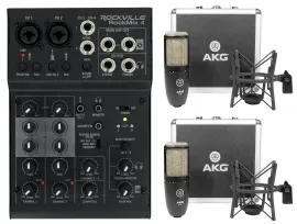 (2) AKG P220 Studio Condenser Microphones Recording Mics+Shockmounts+Case+Mixer