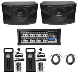 Pair Rockville KPS12 12" 3-Way 1600 Watt Karaoke/Pro Speakers+Amplifier+(2) Mics