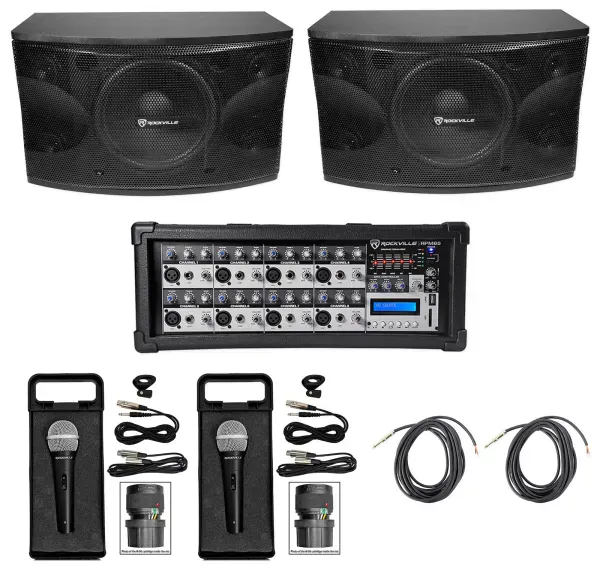 Pair Rockville KPS12 12" 3-Way 1600 Watt Karaoke/Pro Speakers+Amplifier+(2) Mics