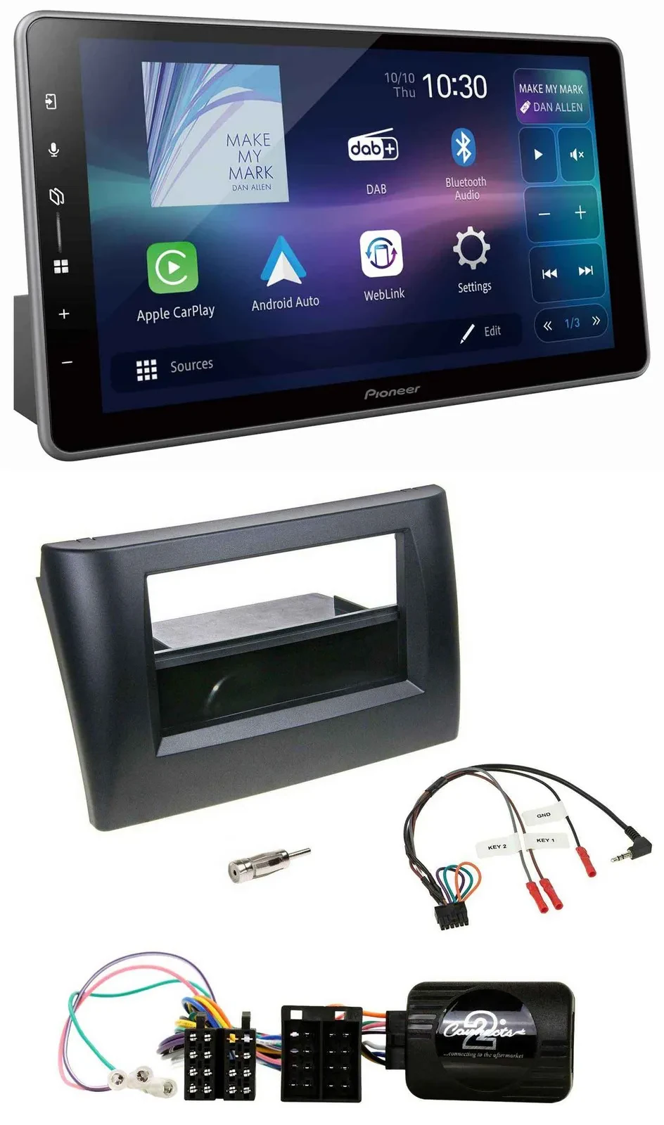 Автомагнитола для Fiat Stilo (2001–2007) Pioneer Bluetooth, USB, DAB, 1 DIN, черный, с монтажным карманом