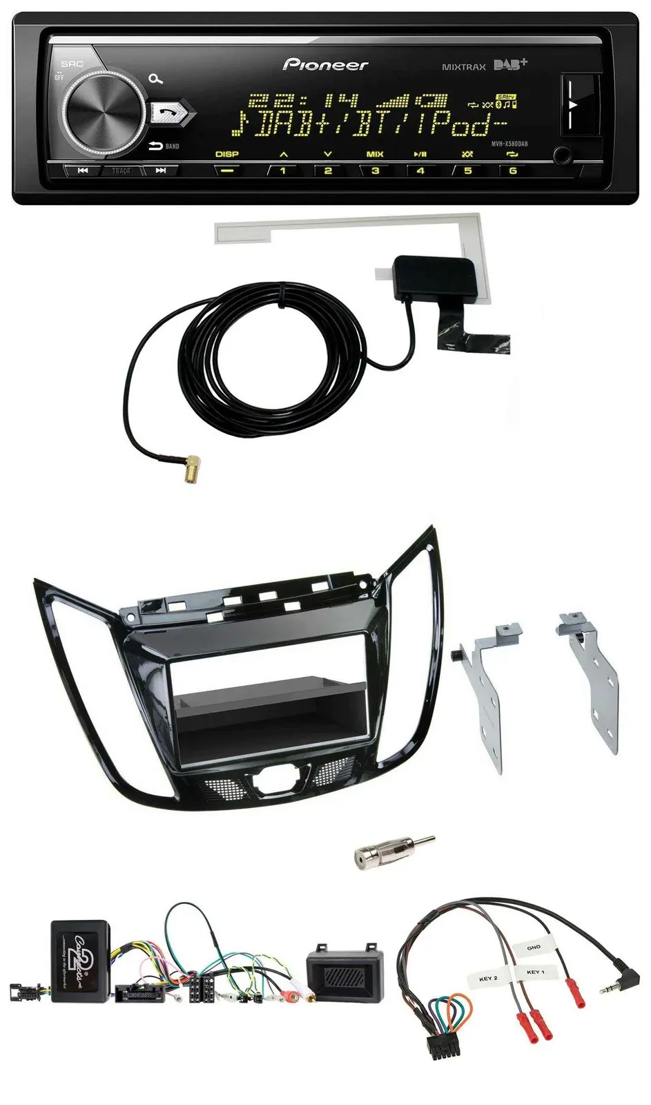 Автомагнитола для Ford C-Max/Kuga Pioneer Bluetooth DAB USB, поддержка управления на руле, черный (рояльный лак)