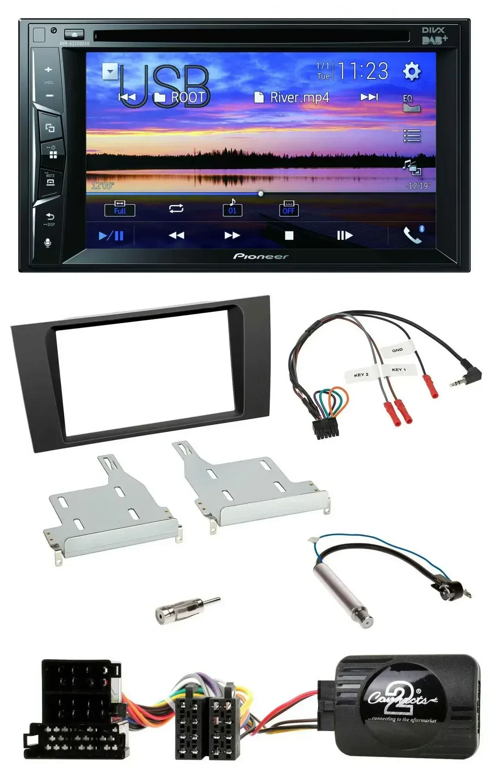 Автомагнитола для Audi A4 (1999–2001) Pioneer 2DIN, Bluetooth, USB, DVD, DAB, поддержка управления с руля