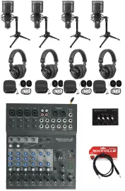 Rockville 4-Person Podcast Podcasting Kit w/USB Mixer/Interface+Mics+Headphones