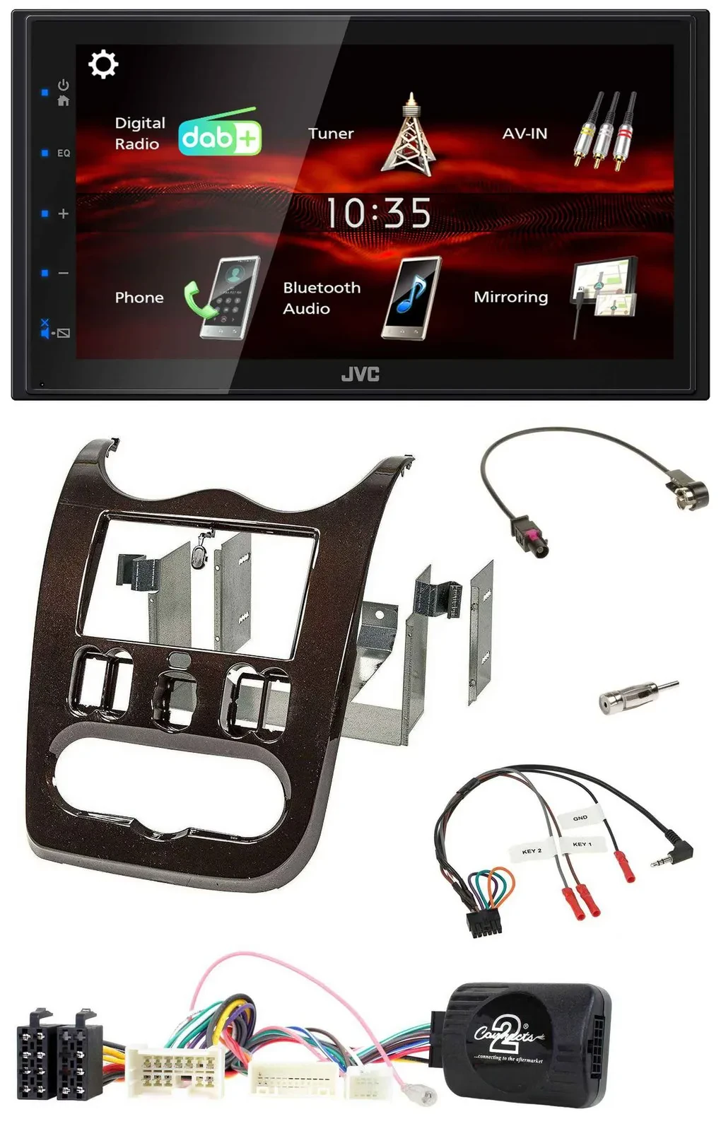 Автомагнитола JVC 2-DIN Bluetooth DAB USB для Dacia (с 2012), темно-коричневый, поддержка управления с руля