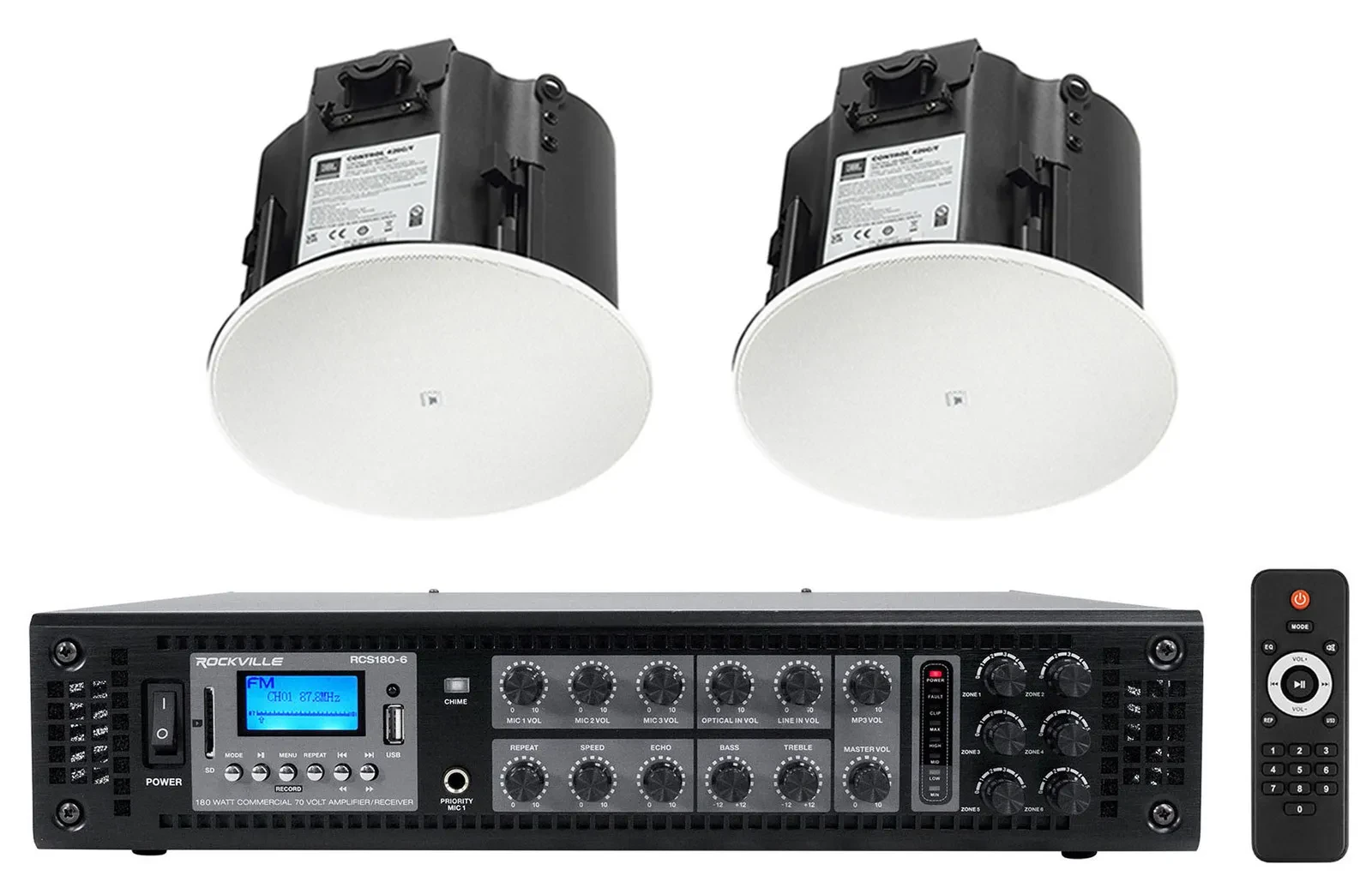 Пассивная акустическая система для ресторана JBL Control 426C/T 6.5", 70V (набор, пара) + усилитель RCS180-6