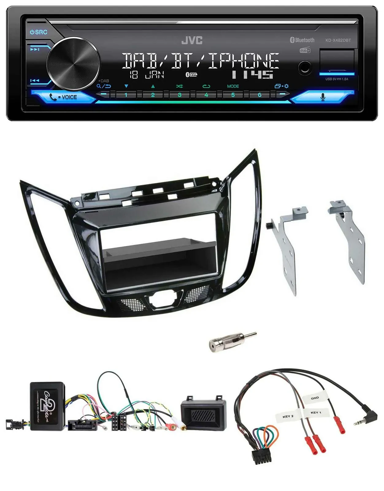 JVC Bluetooth DAB USB Lenkrad Autoradio für Ford C-Max Kuga Klavierlack schwarz