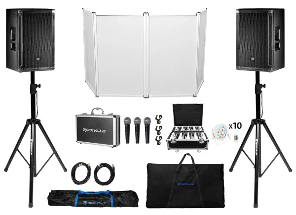 (2) JBL SRX812P 12" 2000w Powered DJ PA Speakers+Stands+Mics+Facade+White Lights