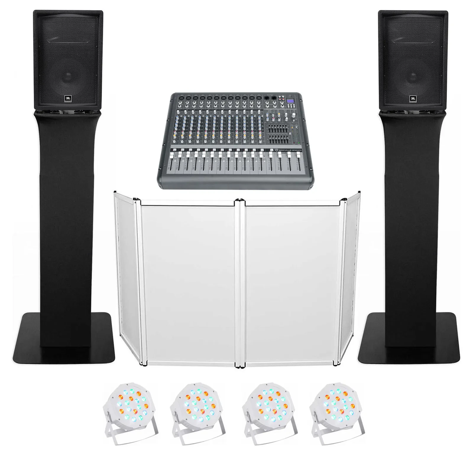 DJ Package w/(2) JBL JRX212 2000w 12" Speakers+Mixer+Totem Style Stands+Facade