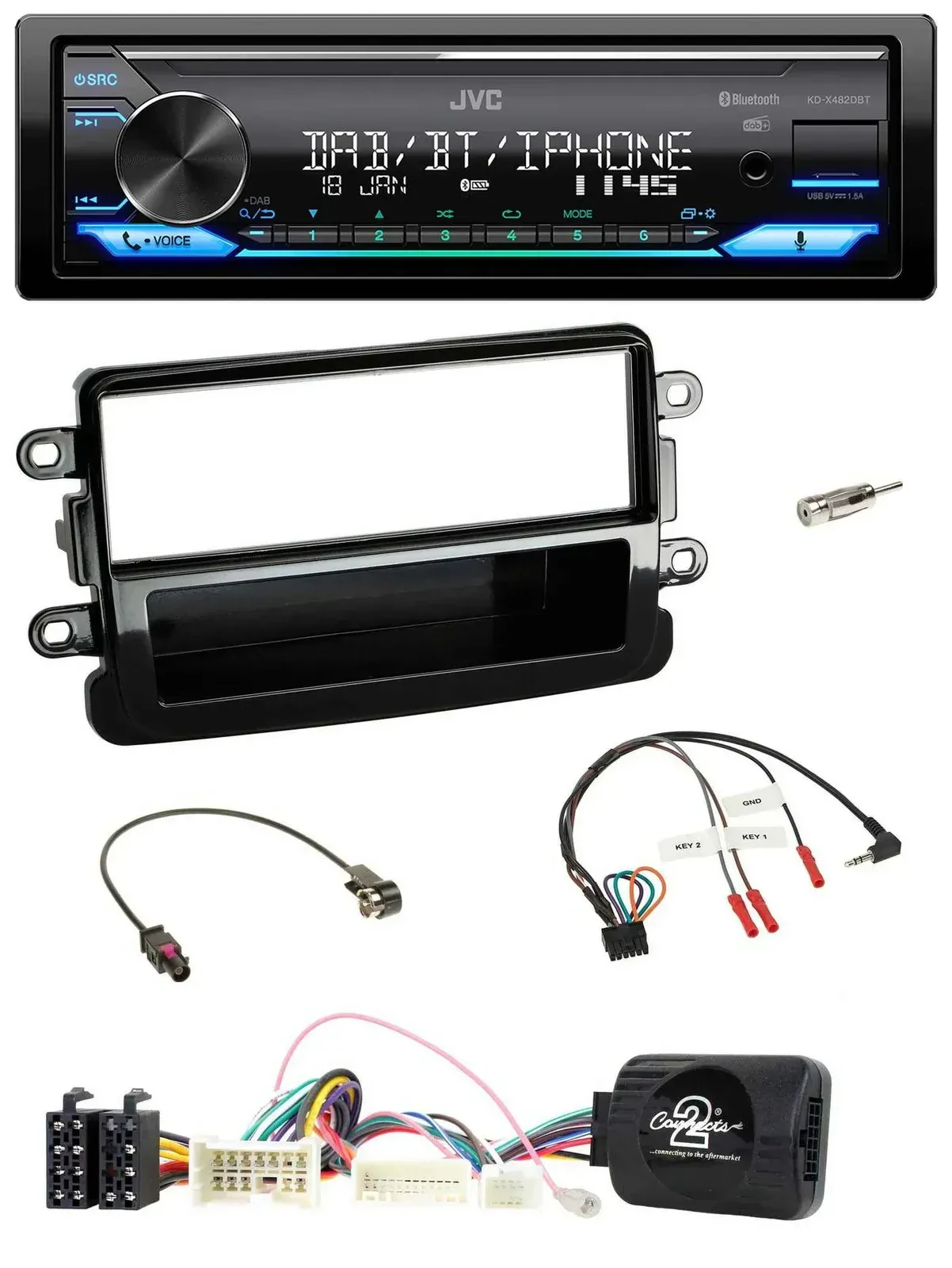 Автомагнитола JVC Bluetooth DAB USB для Dacia (с 2012), черный глянец, поддержка управления на руле