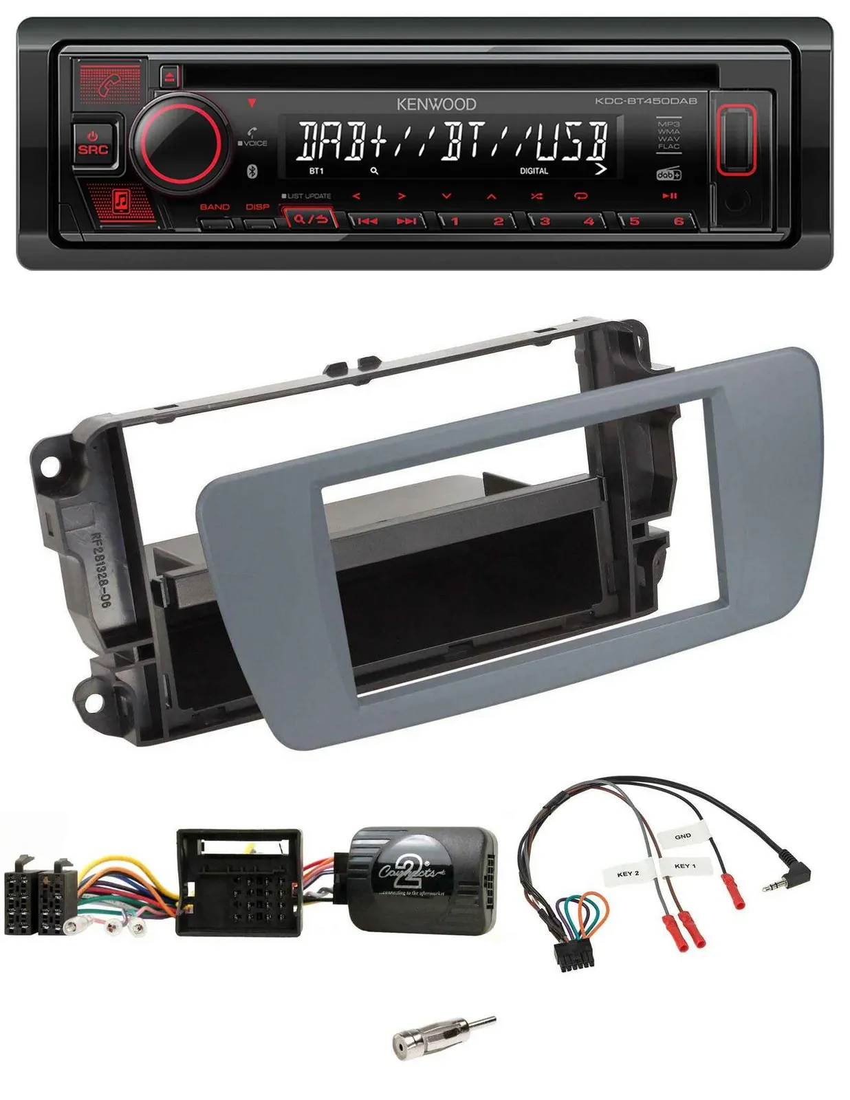 Автомагнитола Kenwood CD, USB, Bluetooth, DAB для Seat Ibiza серый