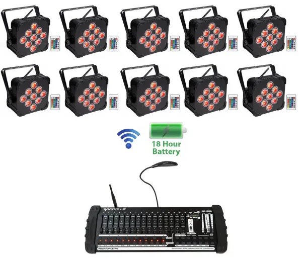 (10) Rockville BEST PAR 60 Battery Wash Lights Wireless DMX+384 Ch. Controller