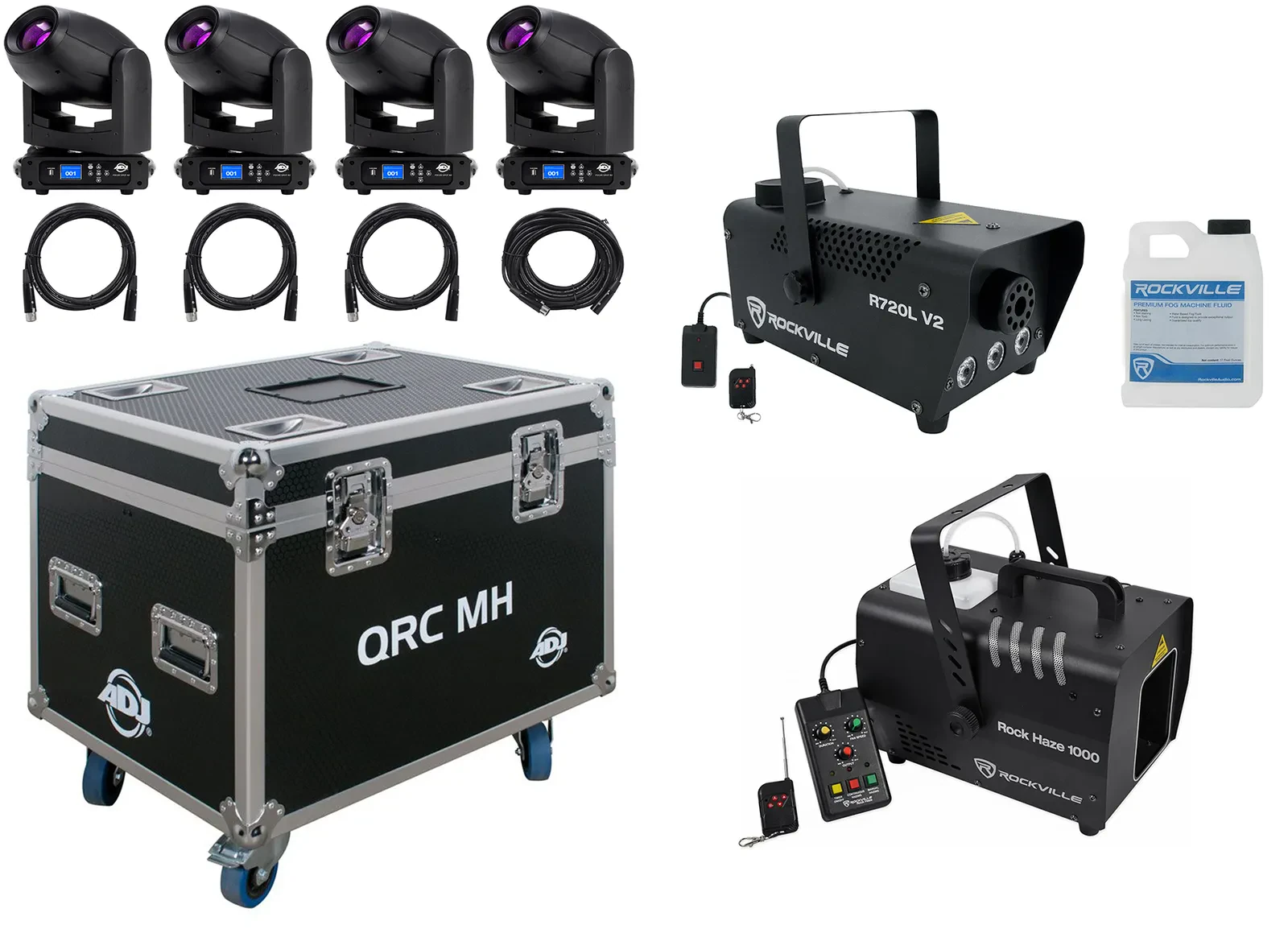 Прожектор American DJ Focus Spot 4Z LED, DMX (набор, 4 шт.) с кейсом, генератором дыма и хейзером