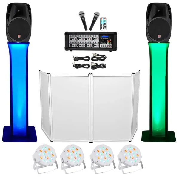 DJ Package w/15" Speakers+Bluetooth Mixer+Mics+Tripod+Totem Stands+Facade+Lights