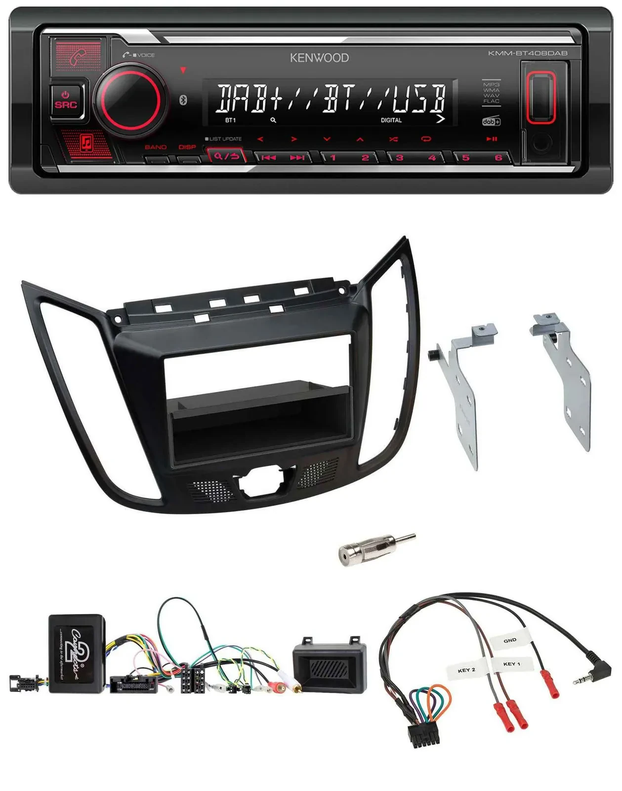 Kenwood Lenkrad Bluetooth USB DAB Autoradio für Ford C-Max Kuga matt schwarz