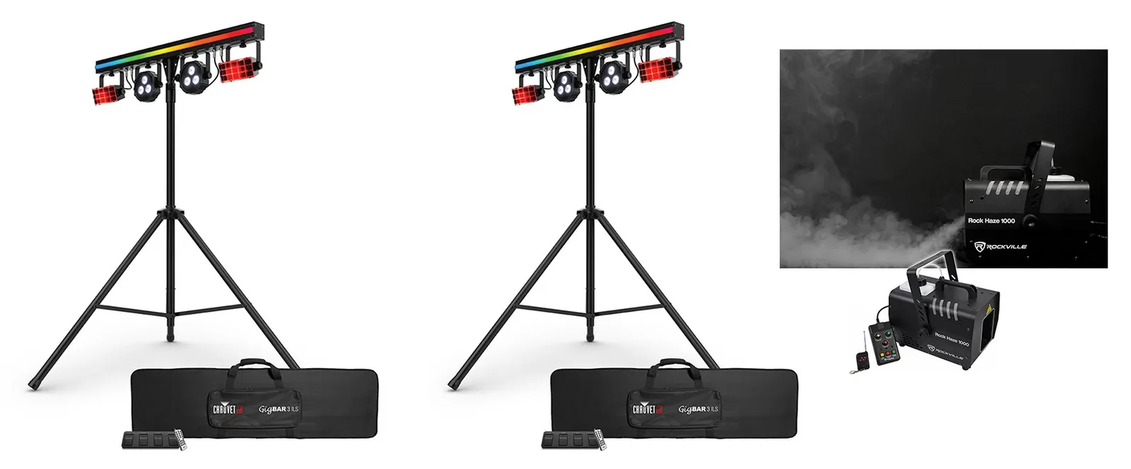 (2) Chauvet DJ GIGBAR 3 ILS Bar w/Derbys/Pars/Strips+Tripods+Footswitches+Hazer