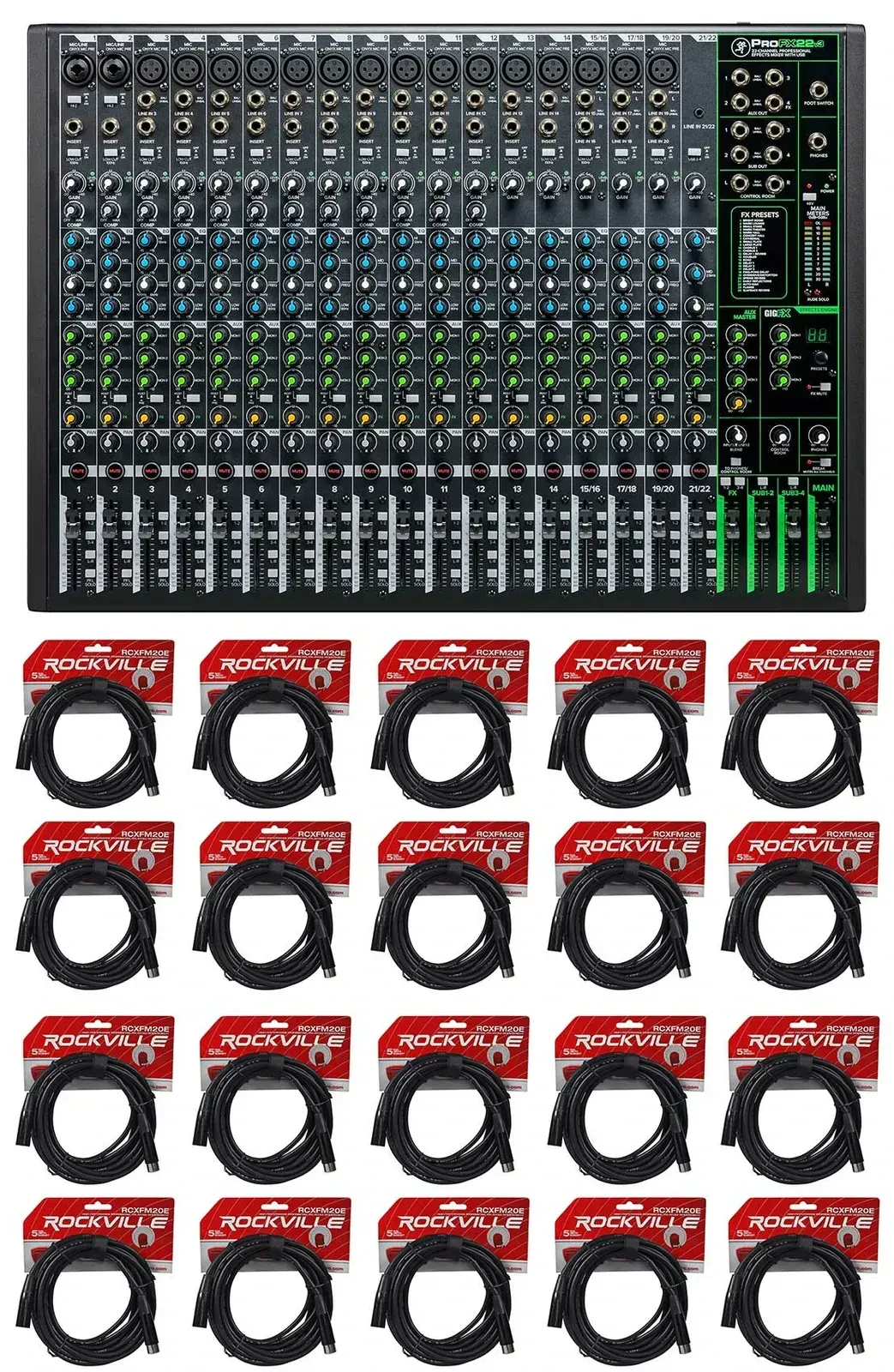 Микшерный пульт Mackie ProFX22v3 22-канальный, 4-шинный, с USB и эффектами (набор, 20 XLR-кабелей)