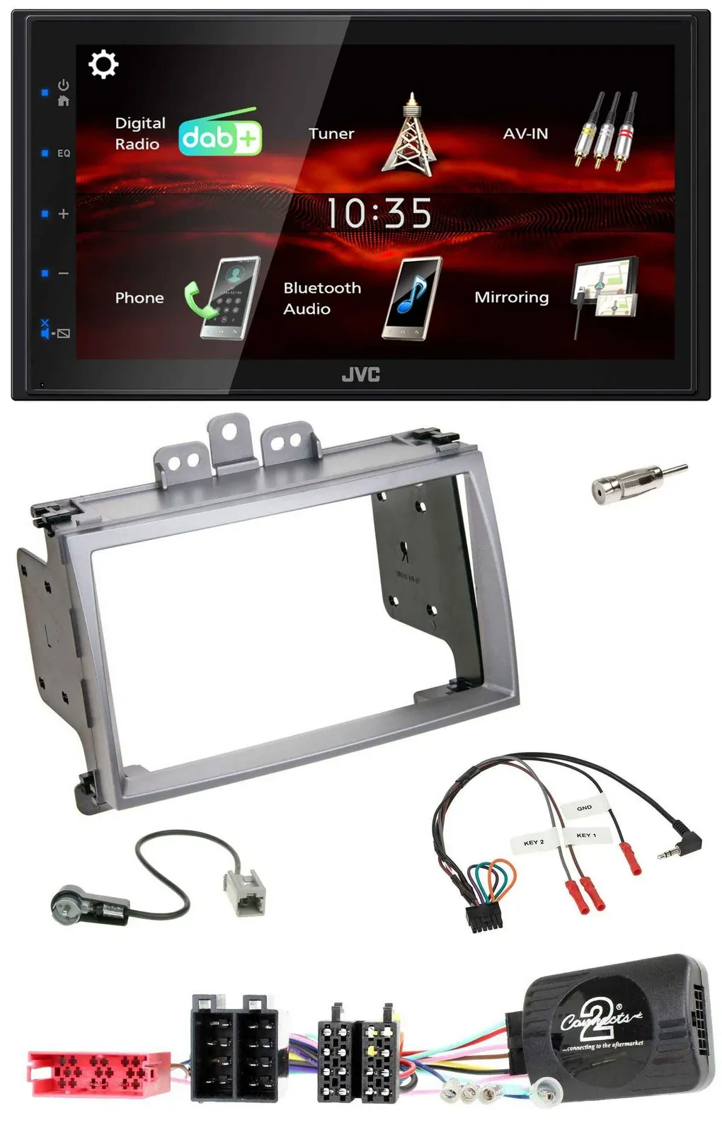 Автомагнитола JVC 2DIN, DAB, USB, Bluetooth, для Hyundai i20 2009–2012, серебристая, поддержка кнопок на руле