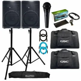 QSC CP12 CP Series 12" Powered Active DJ PA Speakers Pair w Stands, Cases, Mic