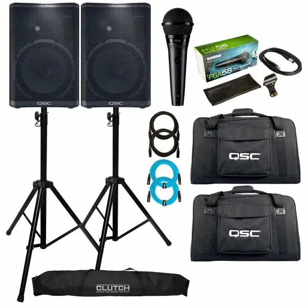 QSC CP12 CP Series 12" Powered Active DJ PA Speakers Pair w Stands, Cases, Mic