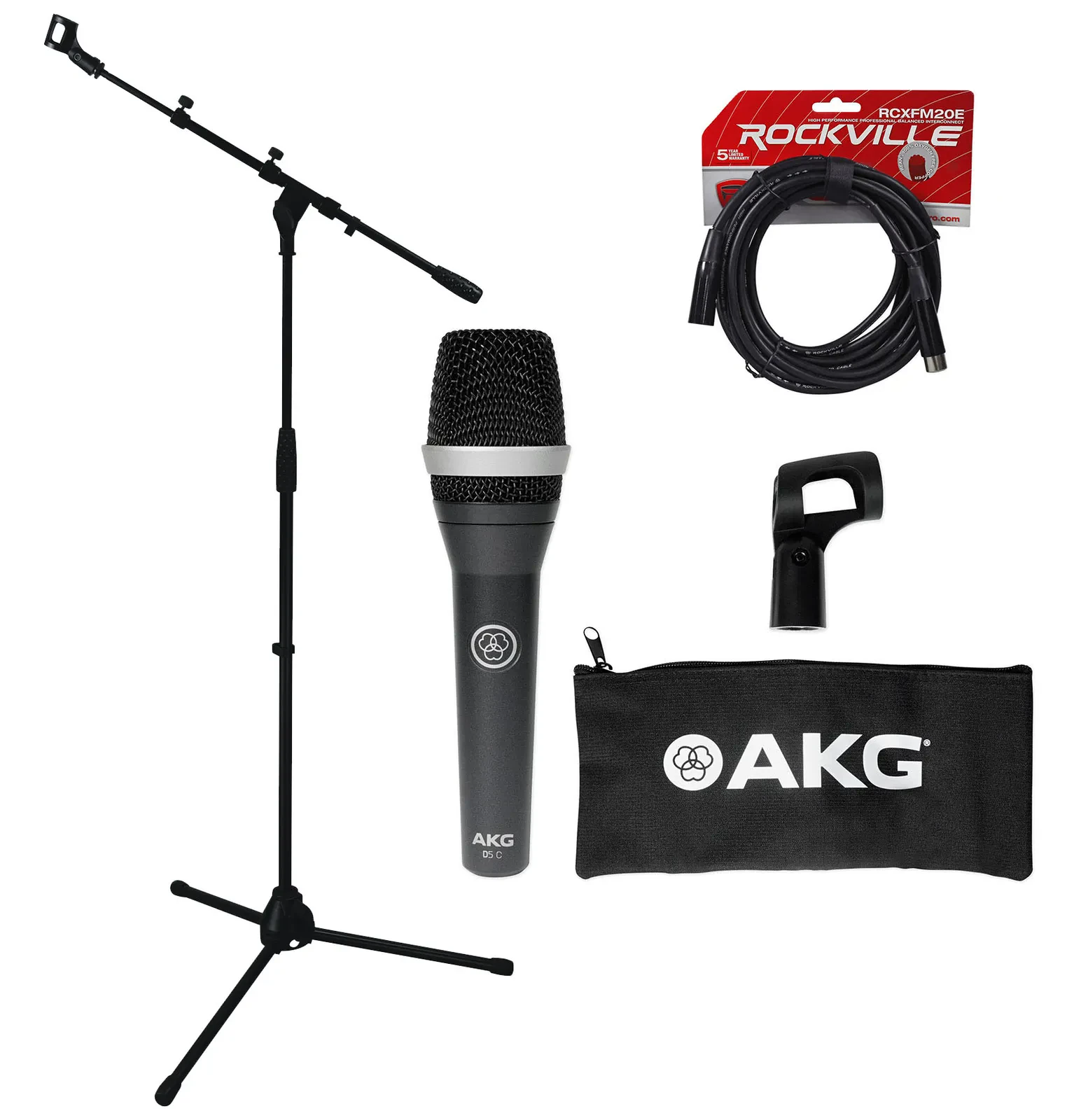 AKG D5 C Professional Dynamic Cardioid Microphone D5C+Mic Stand w/Boom+XLR Cable