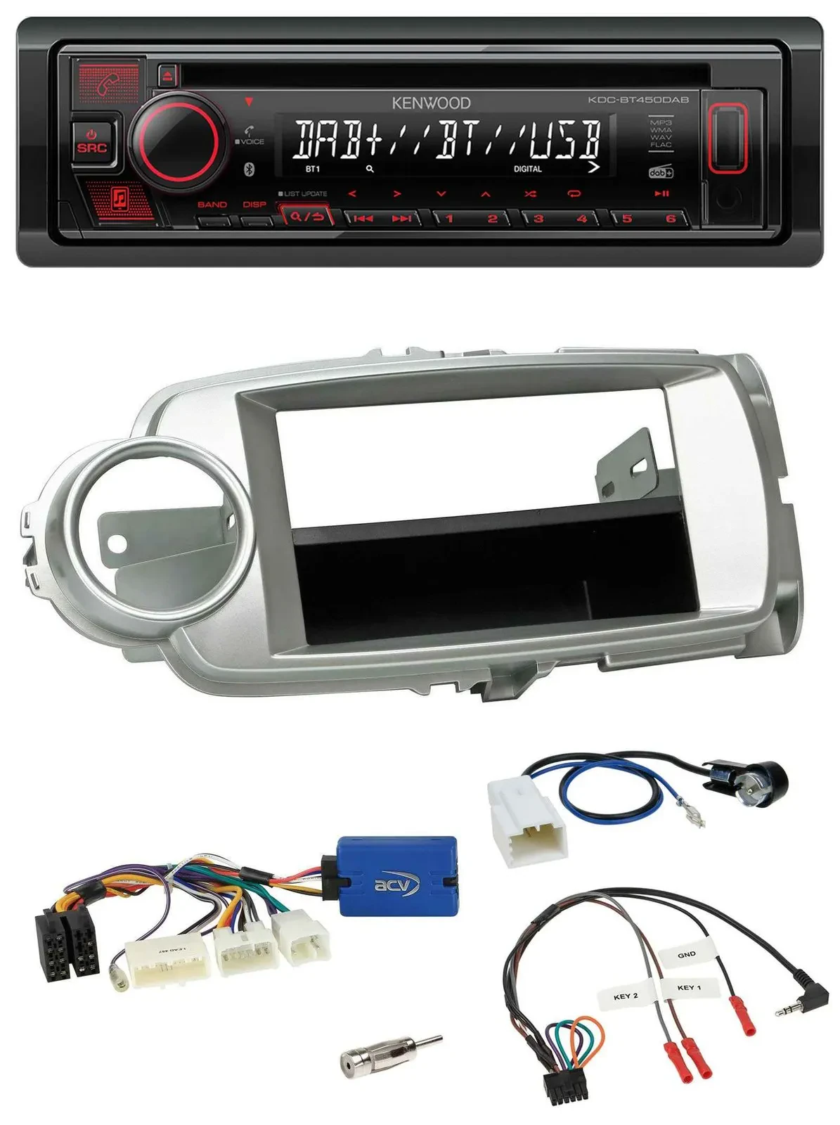 Автомагнитола для Toyota Yaris (2011–2014) Kenwood CD/USB/Bluetooth/DAB серебристая