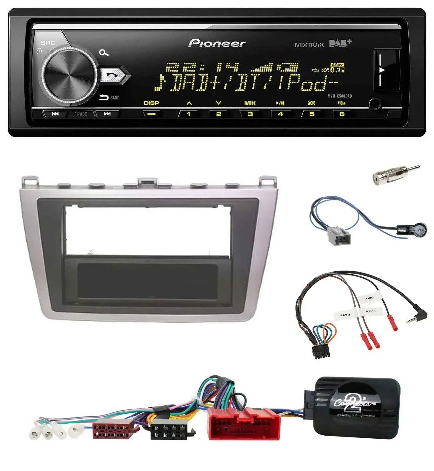 Автомагнитола Pioneer Bluetooth, USB, DAB, для Mazda 6 (2008–2012), серебристо-черная, с поддержкой управления с руля