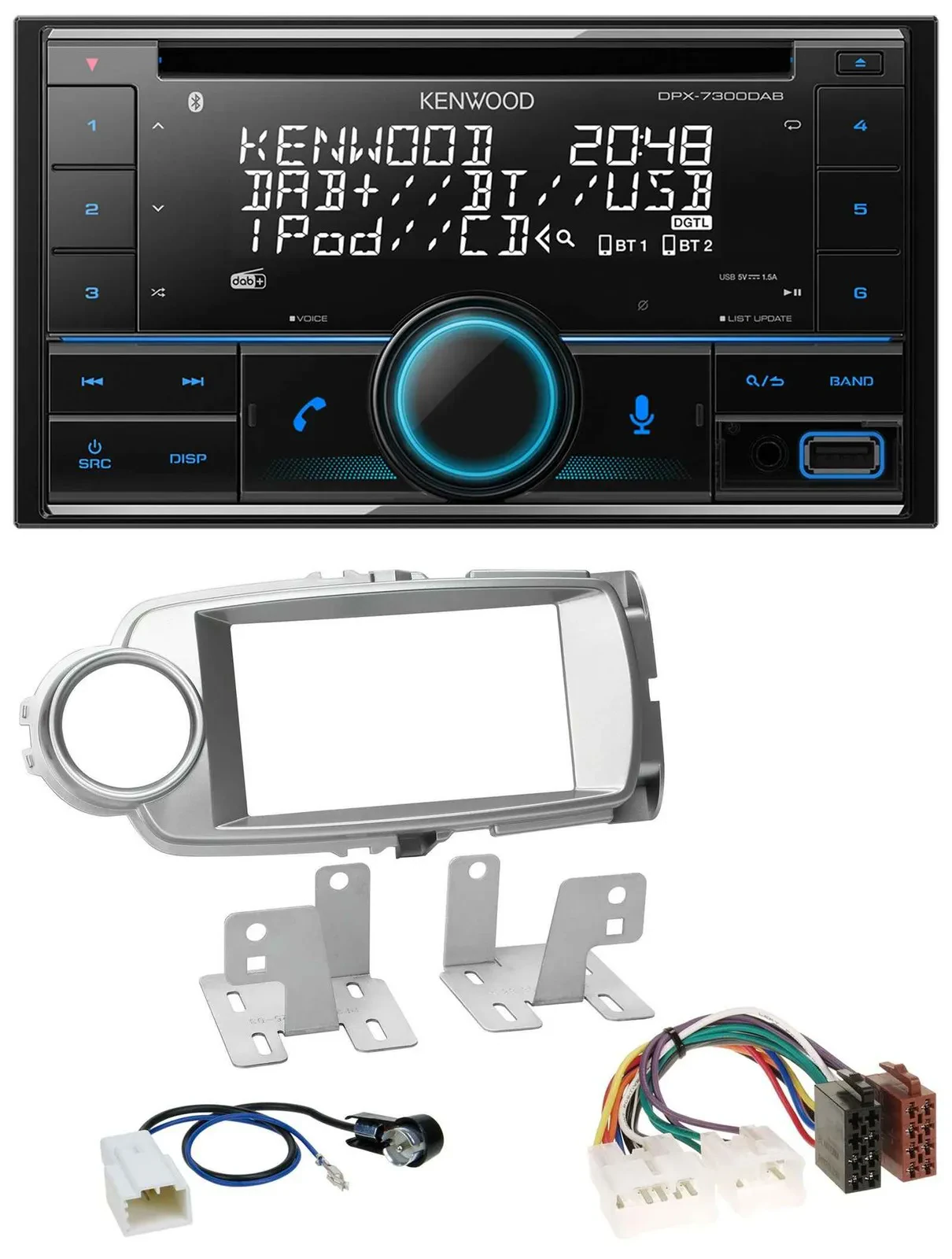 Автомагнитола Kenwood 2DIN CD DAB USB MP3 Bluetooth для Toyota Yaris 2011–2014, серебристая