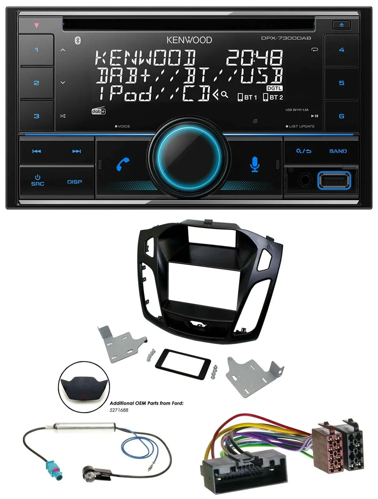 Kenwood CD 2DIN DAB USB MP3 Bluetooth Autoradio für Ford Focus 2014-2018 schwarz