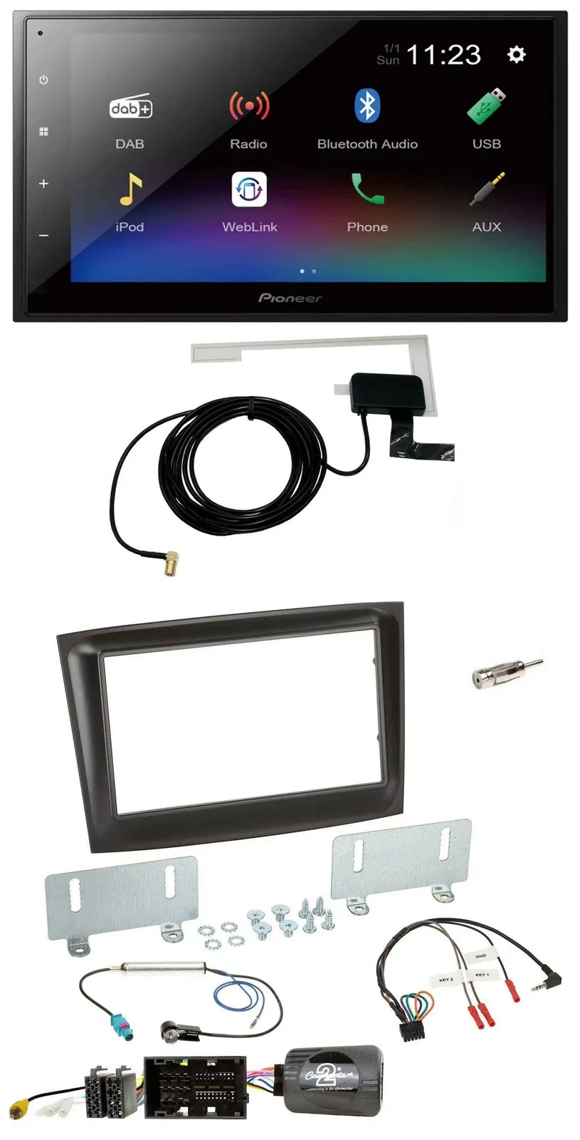 Pioneer DAB Lenkrad Bluetooth 2DIN USB Autoradio für Fiat Doblo ab 2015 schwarz