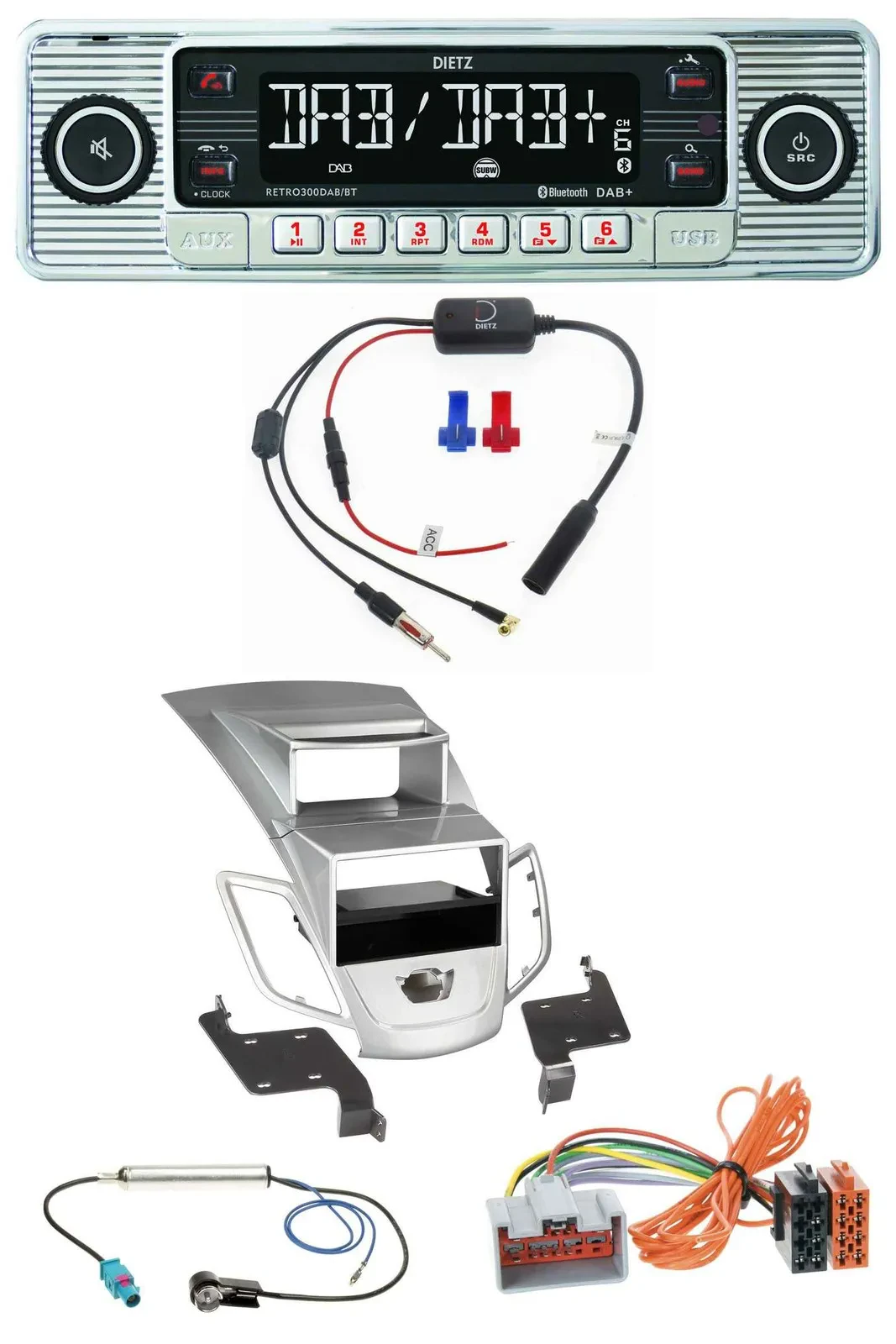 Dietz DAB USB MP3 Bluetooth Autoradio für Ford Fiesta Display 08-10 silber