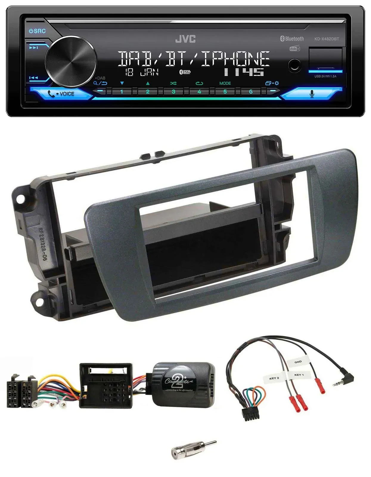 Автомагнитола для Seat Ibiza JVC Bluetooth DAB USB поддержка управления на руле черная