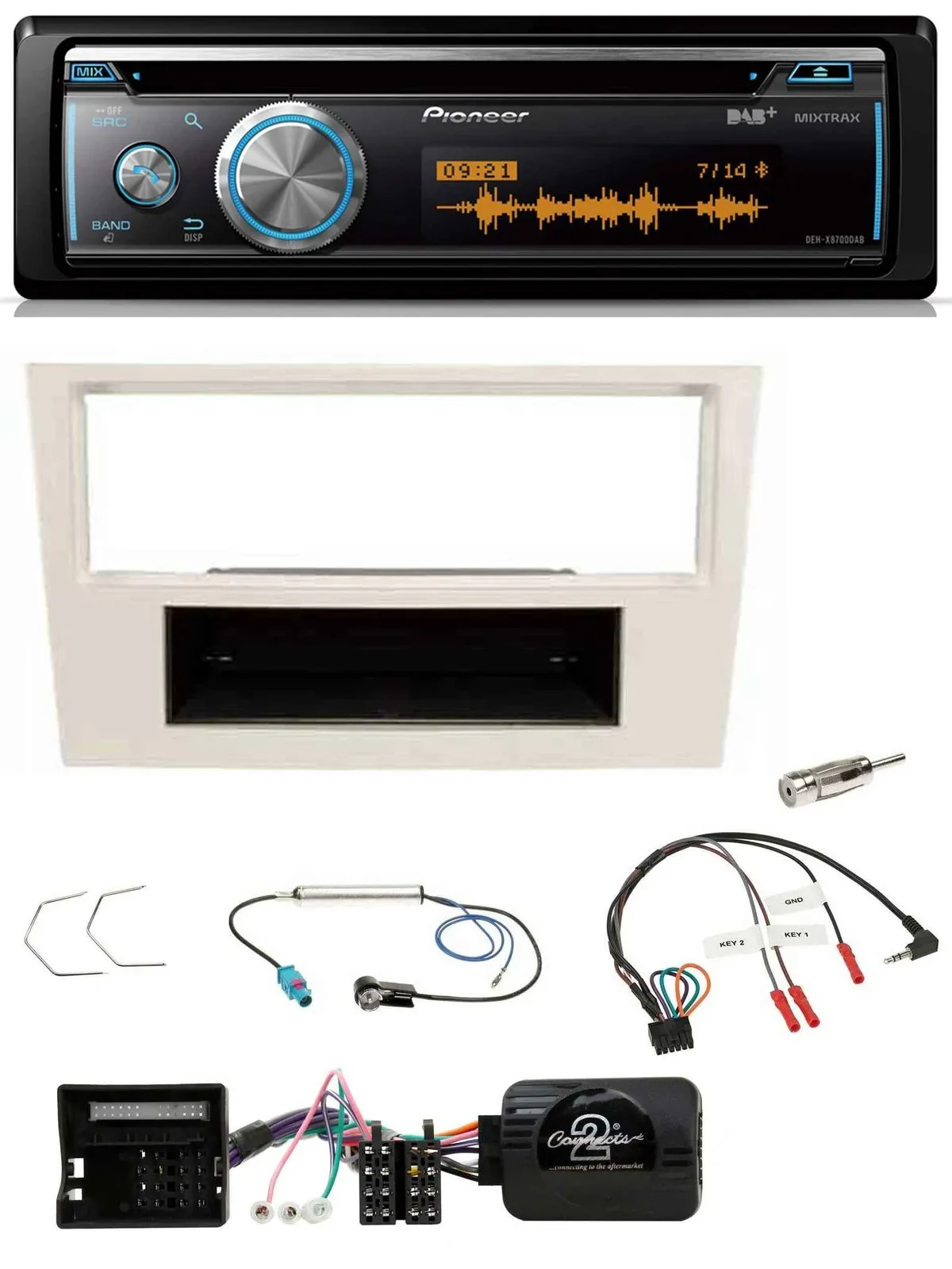 Автомагнитола для Opel Corsa D 2006–2008 Pioneer DAB, USB, CD, Bluetooth, перламутровый белый, с управлением с руля