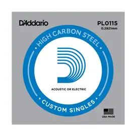 Струна для акустической и электрогитары D'Addario PL0115 High Carbon Steel Custom Singles, сталь, калибр 115