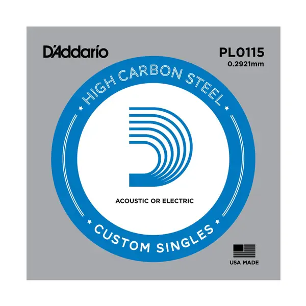 Струна для акустической и электрогитары D'Addario PL0115 High Carbon Steel Custom Singles, сталь, калибр 115