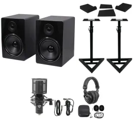 (2) Rockville APM8B 8" Powered USB Studio Monitors+Stands+Pads+Mic+Headphones