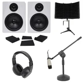 2) Rockville 5.25" Powered Studio Monitors+Mic+Headphones+Stand+Shield+Pads