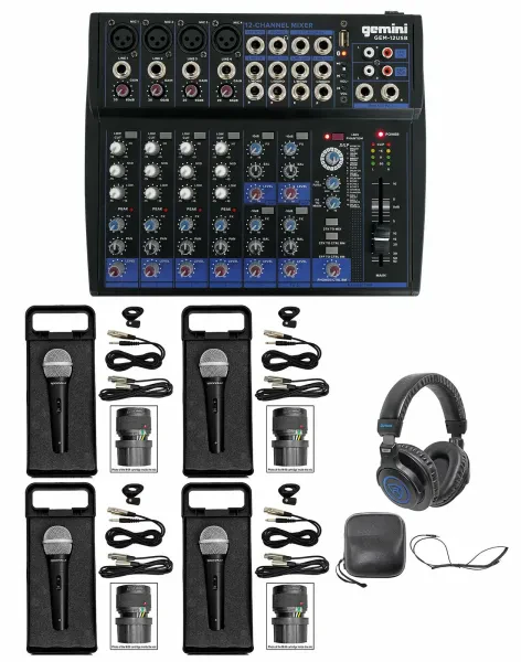 Gemini GEM-12USB 12 Channel Bluetooth Mixer w/ USB/3 Band EQ+(4) Mics+Headphones