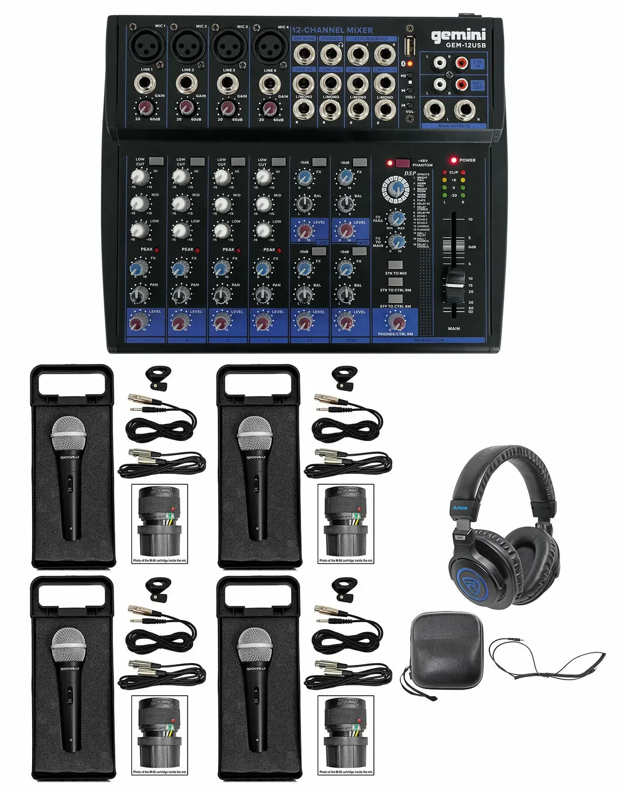 Аналоговый микшер Gemini GEM-12USB 12-канальный, Bluetooth, USB, 3-полосный эквалайзер, с 4 микрофонами и наушниками (набор)