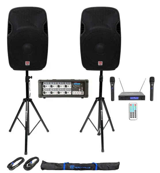 Rockville Karaoke System w/(2) 15" Speakers+Bluetooth Mixer+Stands+Wireless Mics