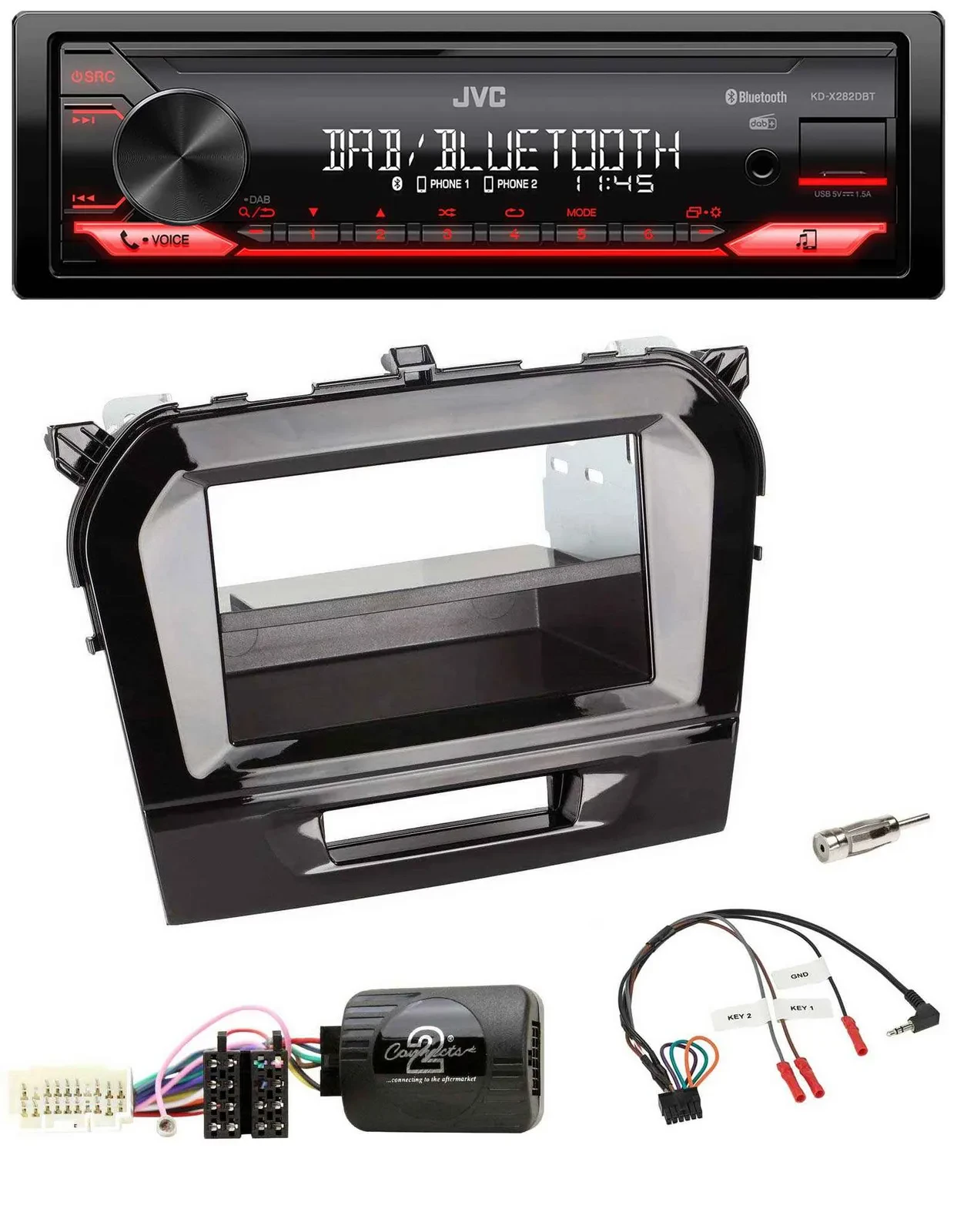 Автомагнитола для Suzuki Vitara (с 2015) JVC Bluetooth, USB, DAB, поддержка кнопок на руле, цвет чёрный (piano black)