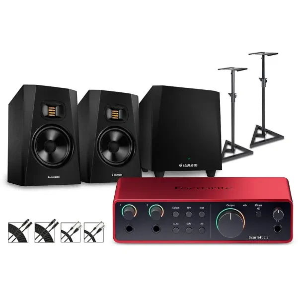 Focusrite Scarlett 2i2 Gen 4 with Adam Audio Monitors/T10S Sub/Stands/Cables T7V