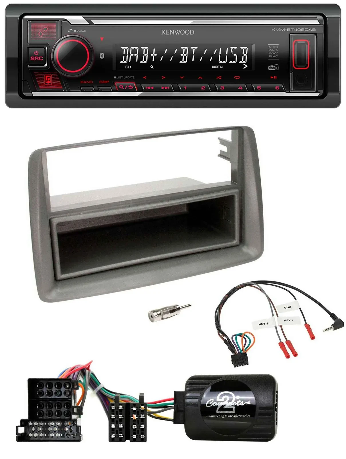 Kenwood Lenkrad Bluetooth USB DAB Autoradio für Fiat Panda 04-10 169 grau